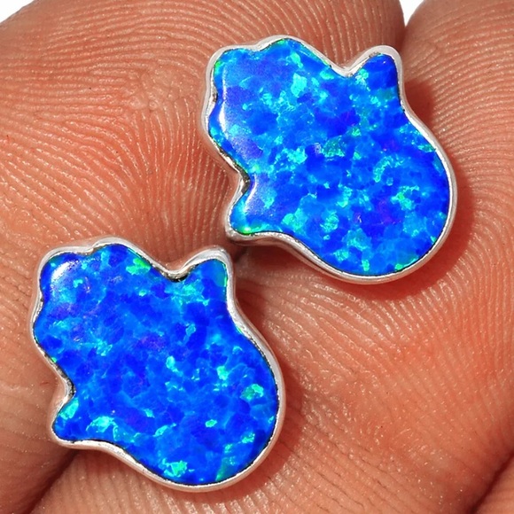 Jewelry - 925 Sterling Silver Blue Fire Opal Hamsa Hand Inlayed Stud Earrings Jewelry
